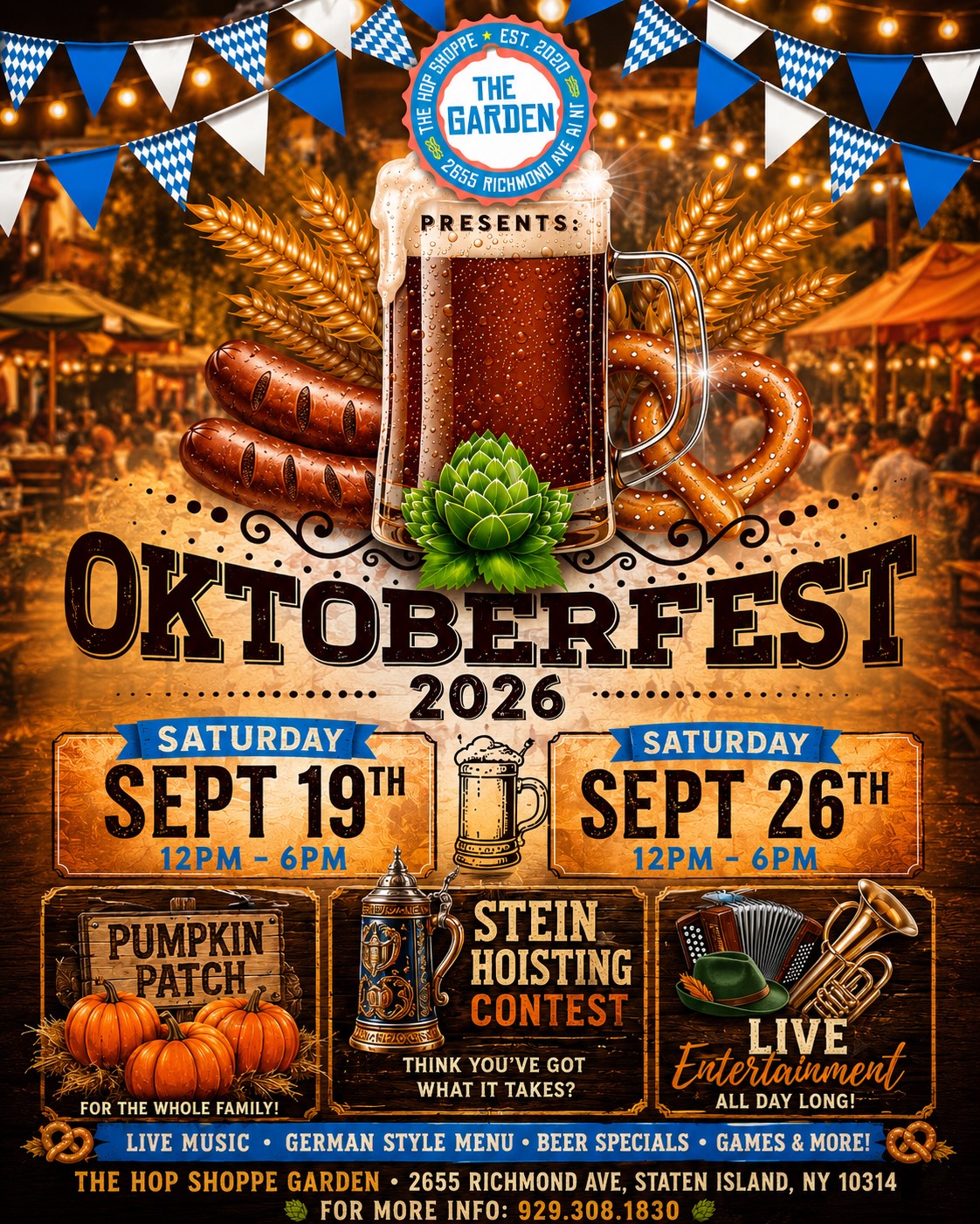 Official Hop Shoppe Garden Oktoberfest 2026 poster for September 19 and September 26.